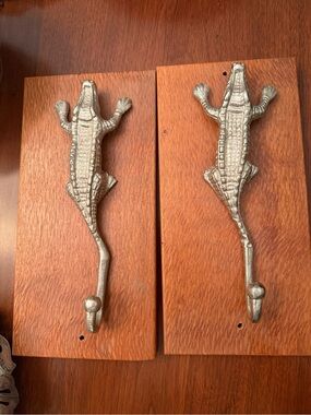 Vintage Cast Aluminum Alligator Wall Hooks on Wood Plaques - Matching Pair